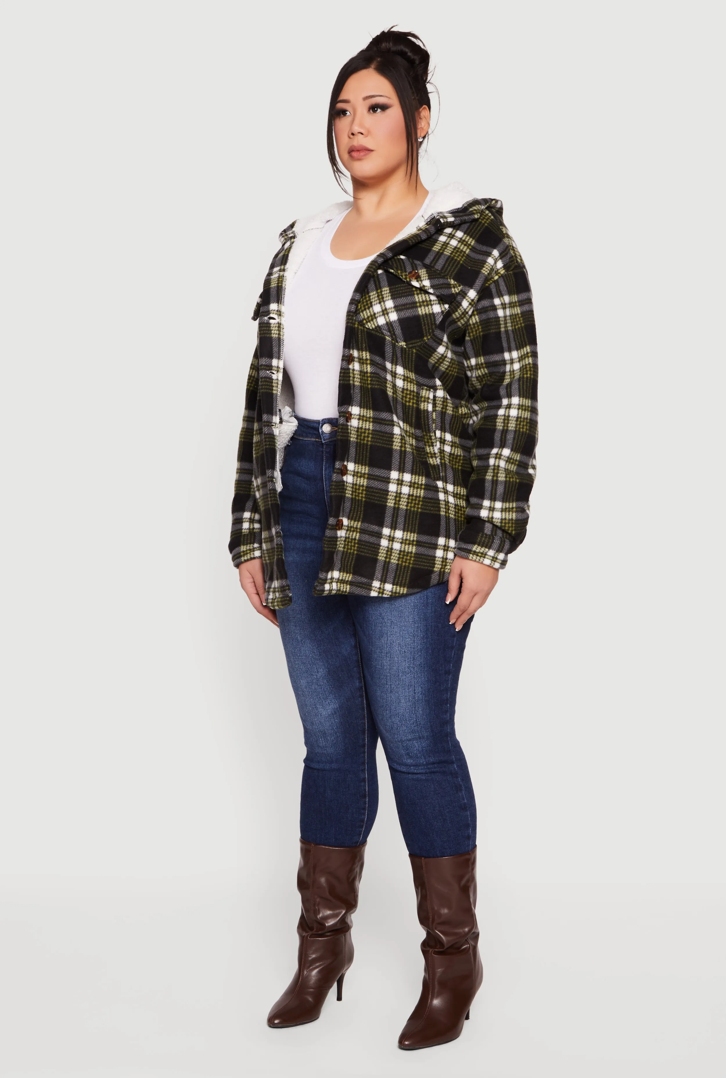 Plus Size Plaid Sherpa Lined Hooded Fleece Shacket sold by Rainbow product image thumbnail 5