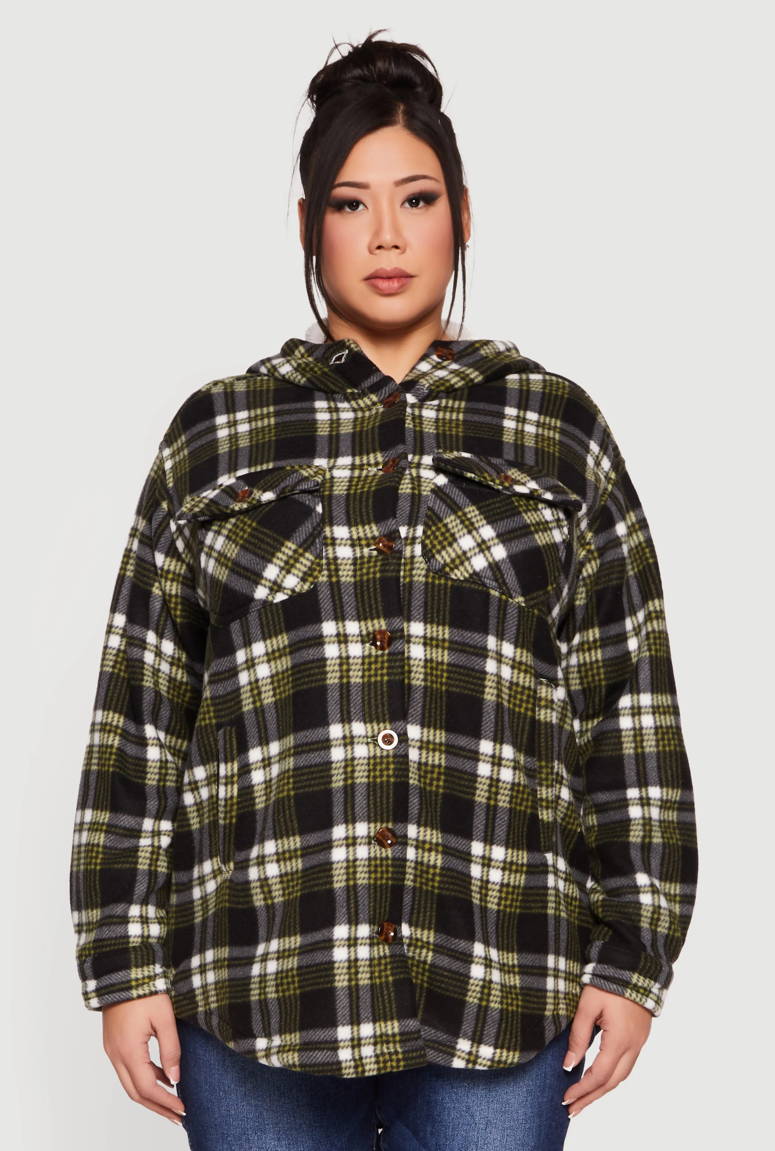 Plus Size Plaid Sherpa Lined Hooded Fleece Shacket sold by Rainbow product image thumbnail 2