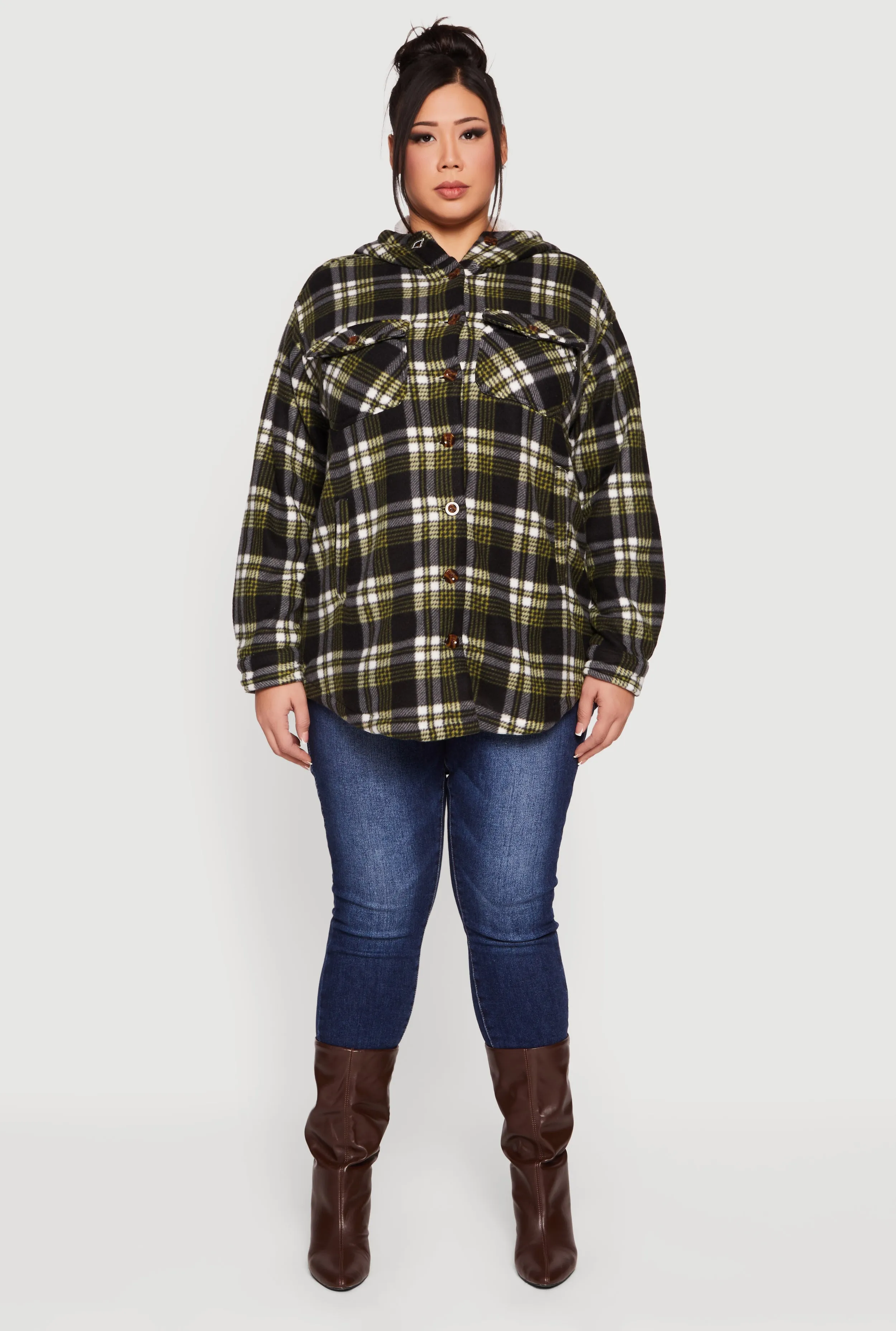 Plus Size Plaid Sherpa Lined Hooded Fleece Shacket sold by Rainbow product image thumbnail 3