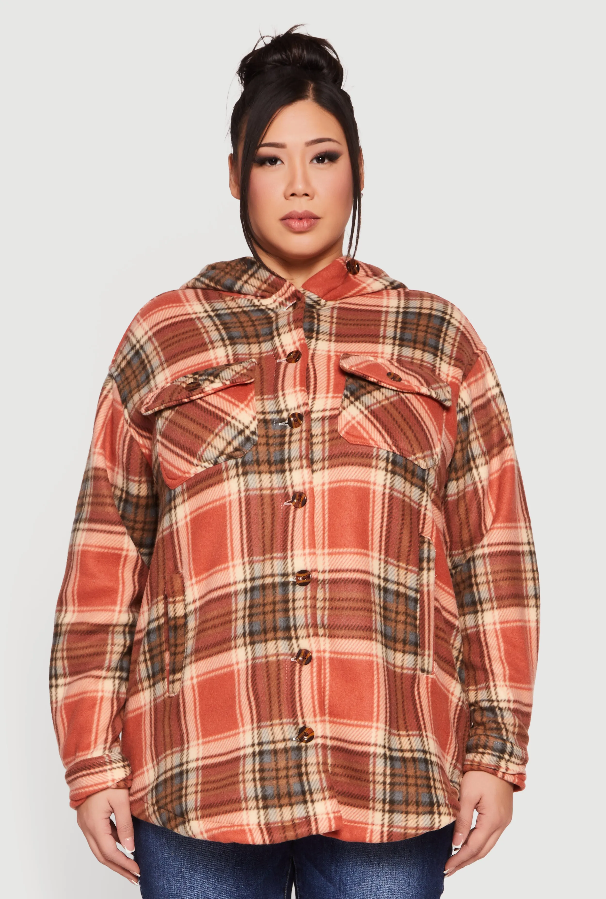 Plus Size Plaid Sherpa Lined Hooded Fleece Shacket sold by Rainbow product image thumbnail 2