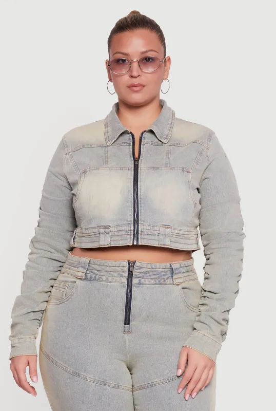 Plus Size Side Ruched Acid Wash Cropped Jean Jacket sold by Rainbow