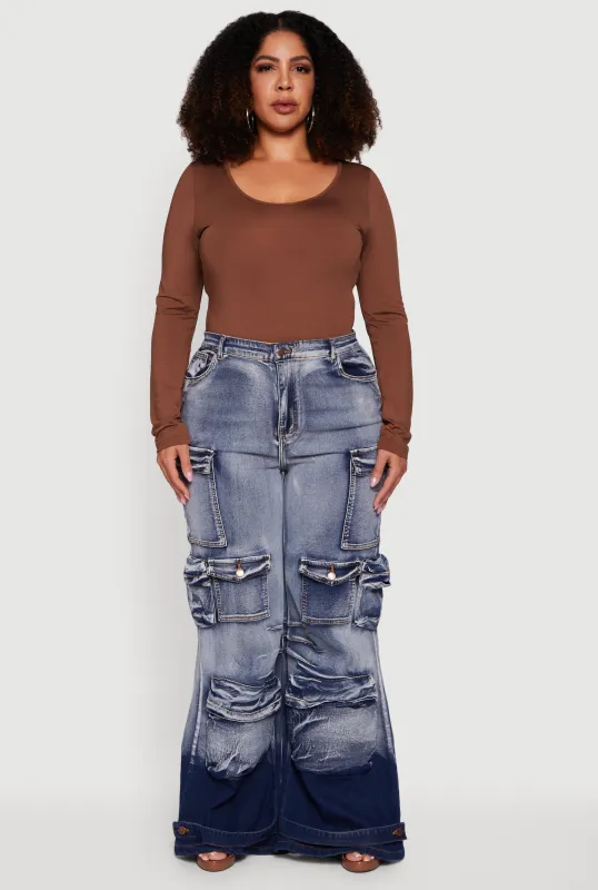 Plus Size Ombre Acid Wash Flare Leg Cargo Jeans sold by Rainbow
