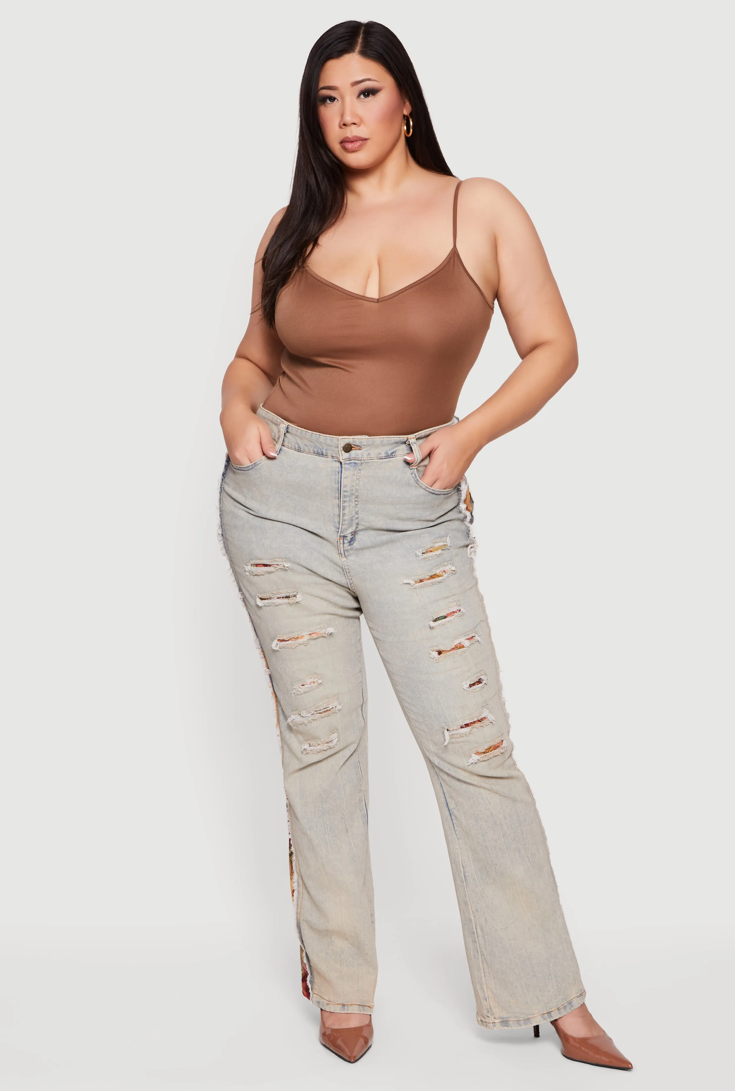 Plus Size High Waisted Acid Wash Patch and Repair Jeans sold by Rainbow
