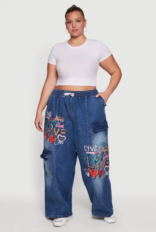 Plus Size Graffiti Graphic Drawstring Waist Jeans sold by Rainbow