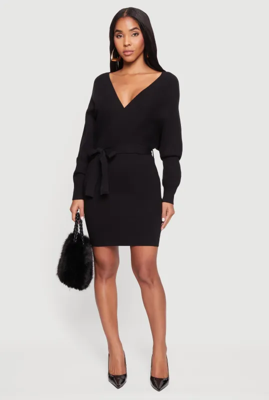 Tie Waist Belted Long Sleeve Faux Wrap Sweater Dress sold by Rainbow