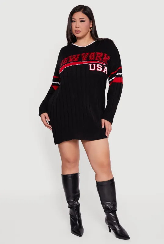 Plus Size New York USA Graphic Long Sleeve Sweater Dress sold by Rainbow