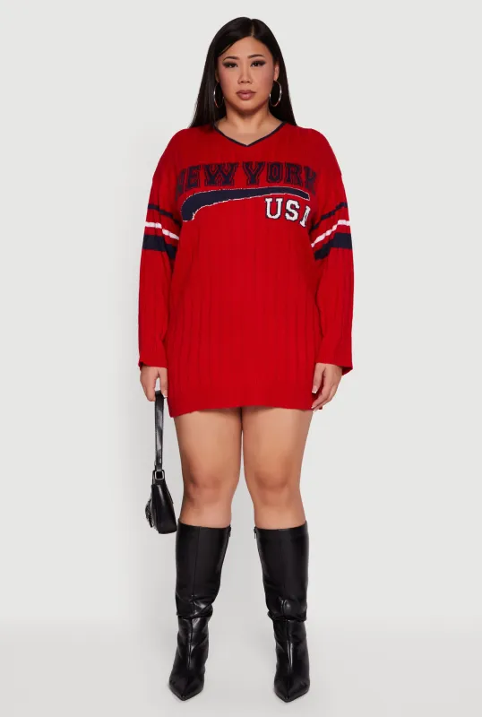 Plus Size New York USA Graphic Long Sleeve Sweater Dress sold by Rainbow