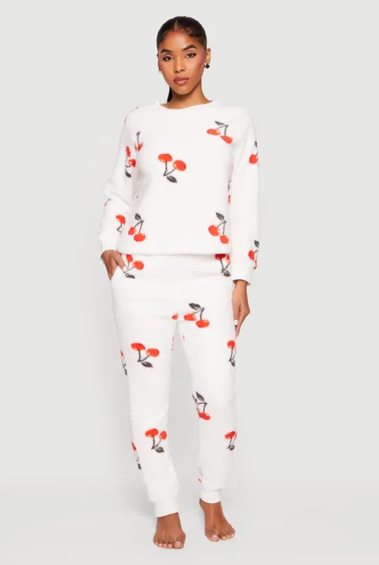 Cherry Print Sherpa Pajama Top and Pants made by Rainbow