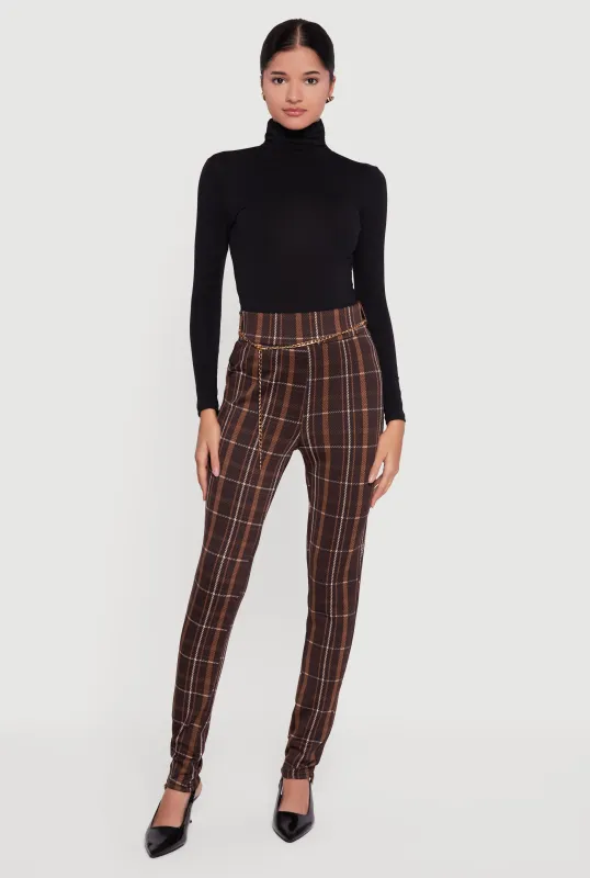 Plaid Scuba Pull On Skinny Leg Pants with Chain Belt sold by Rainbow