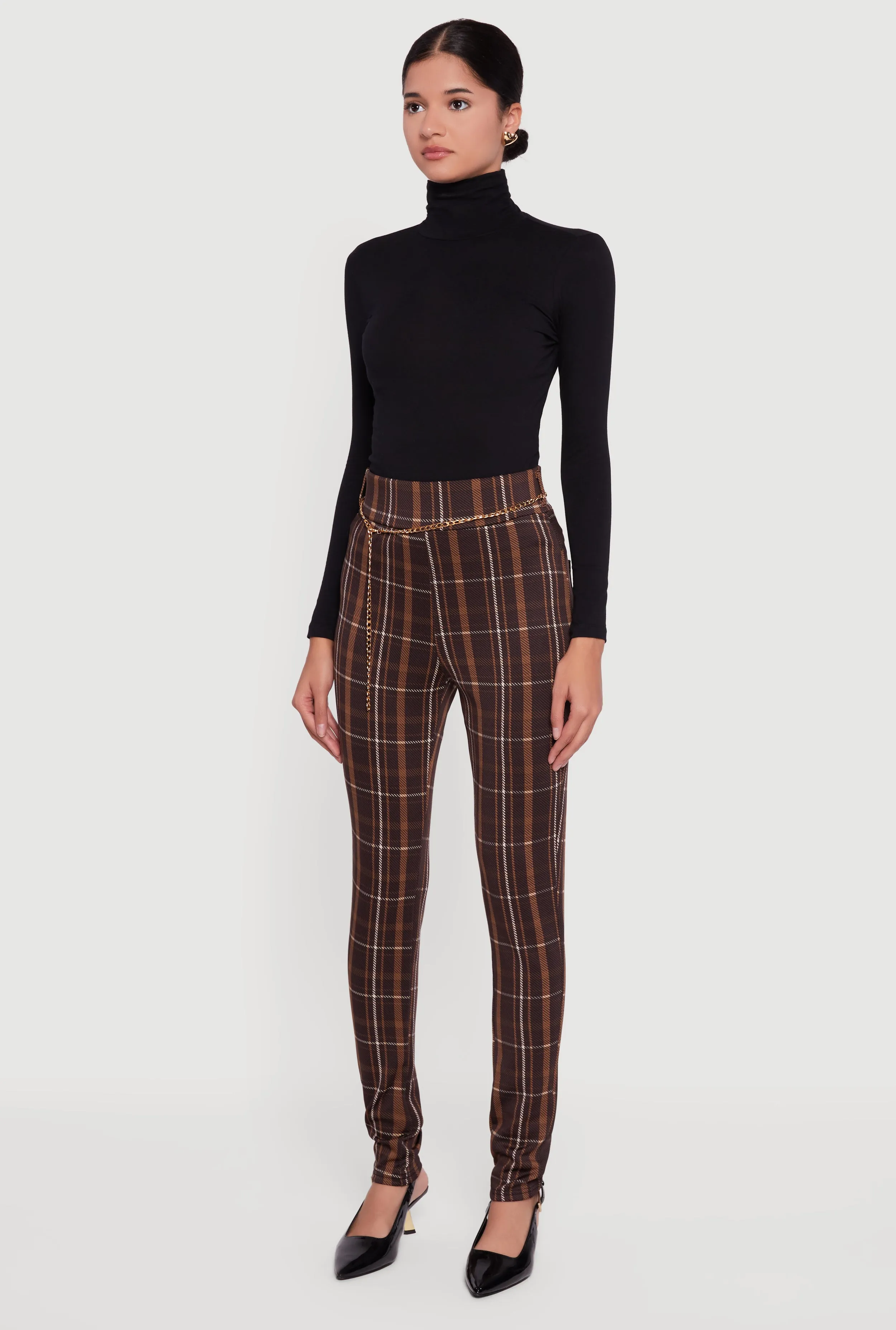 Plaid Scuba Pull On Skinny Leg Pants with Chain Belt sold by Rainbow product image thumbnail 3