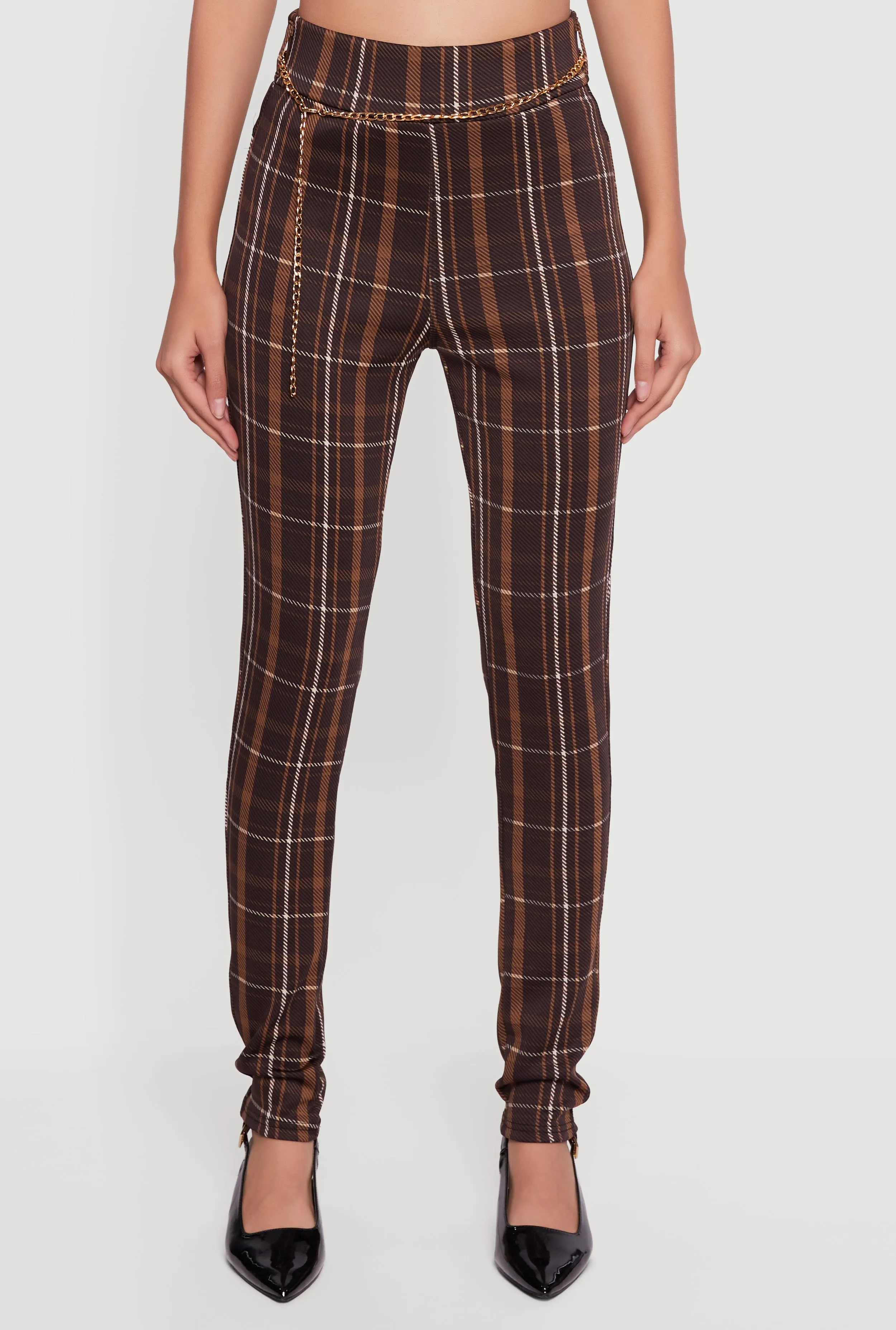 Plaid Scuba Pull On Skinny Leg Pants with Chain Belt sold by Rainbow product image thumbnail 5