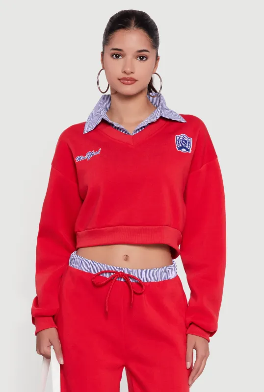 New York Embroidered Cropped Layered Look Sweatshirt sold by Rainbow