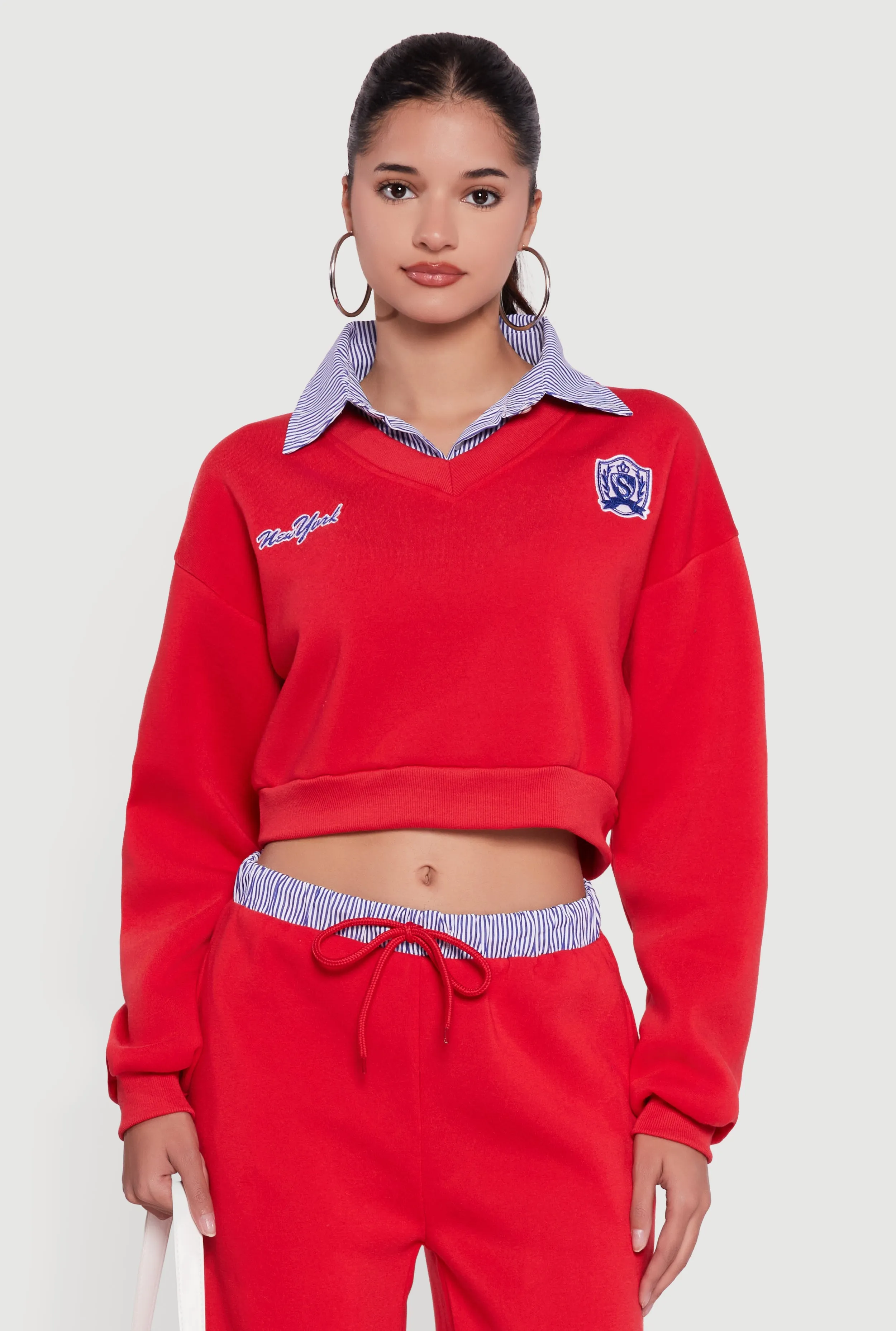 New York Embroidered Cropped Layered Look Sweatshirt sold by Rainbow