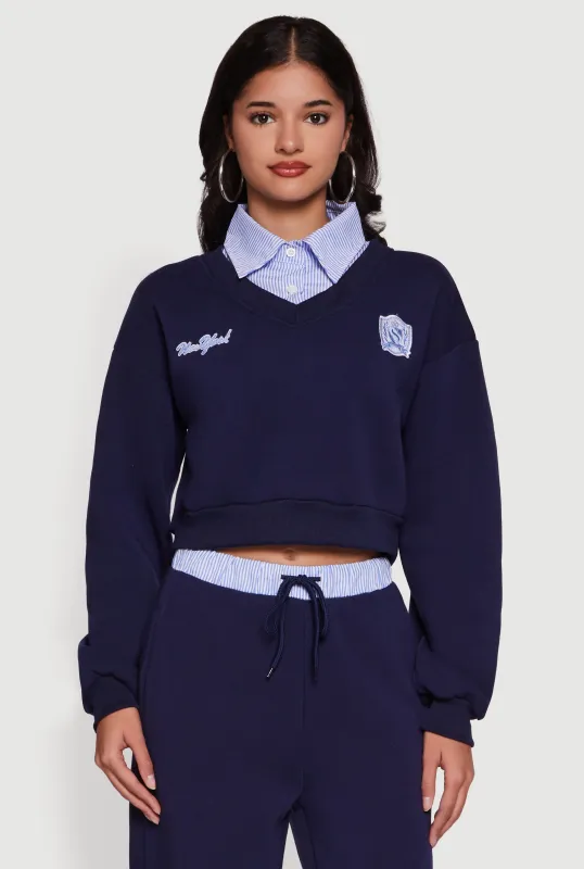 New York Embroidered Cropped Layered Look Sweatshirt sold by Rainbow