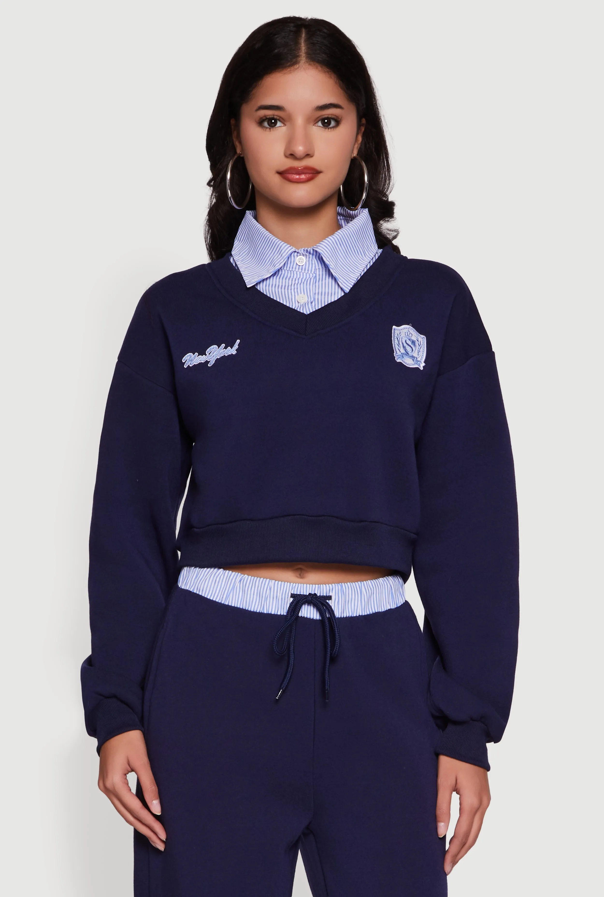 New York Embroidered Cropped Layered Look Sweatshirt sold by Rainbow