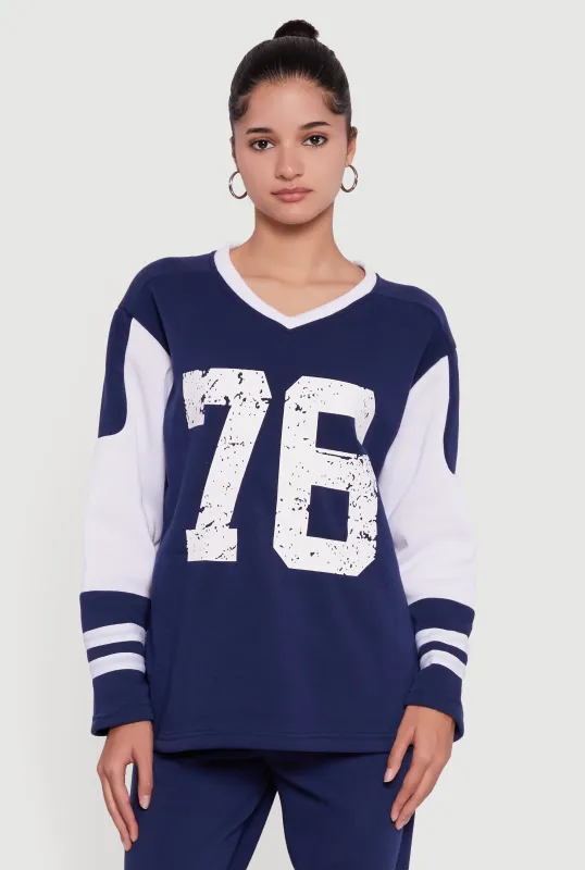 V Neck 76 Graphic Varsity Stripe Sweatshirt sold by Rainbow