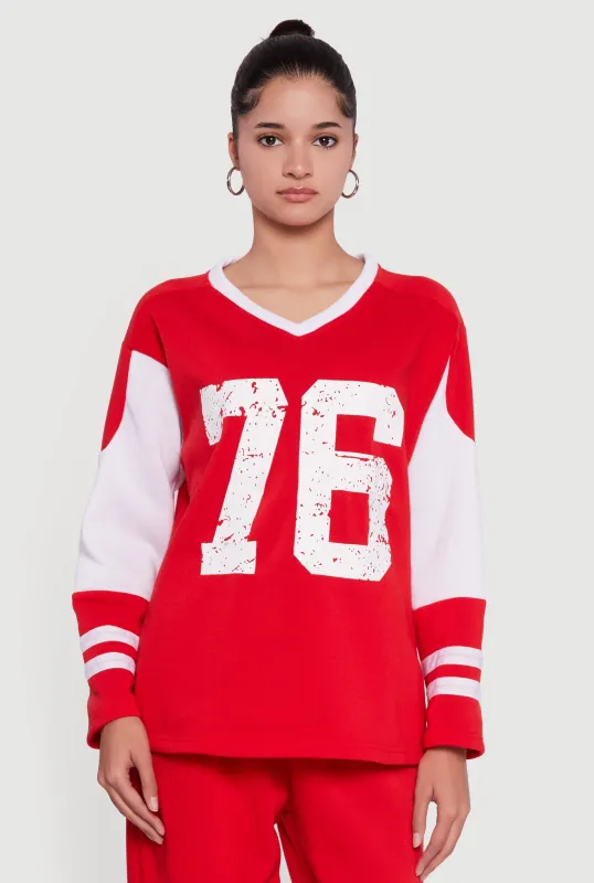 V Neck 76 Graphic Varsity Stripe Sweatshirt sold by Rainbow