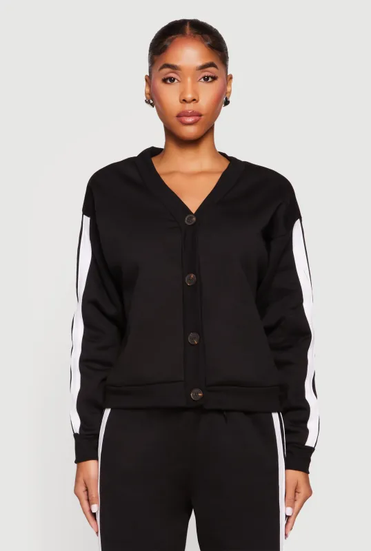 Fleece Lined Varsity Stripe Button Front Cardigan sold by Rainbow