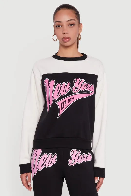 New York Graphic Color Block Pullover Sweatshirt sold by Rainbow
