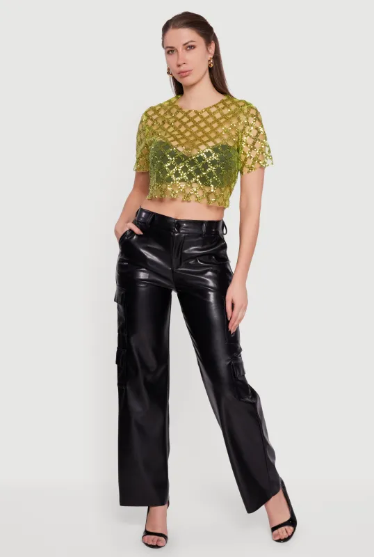 Geometric Sequin Mesh Crop Top sold by Rainbow