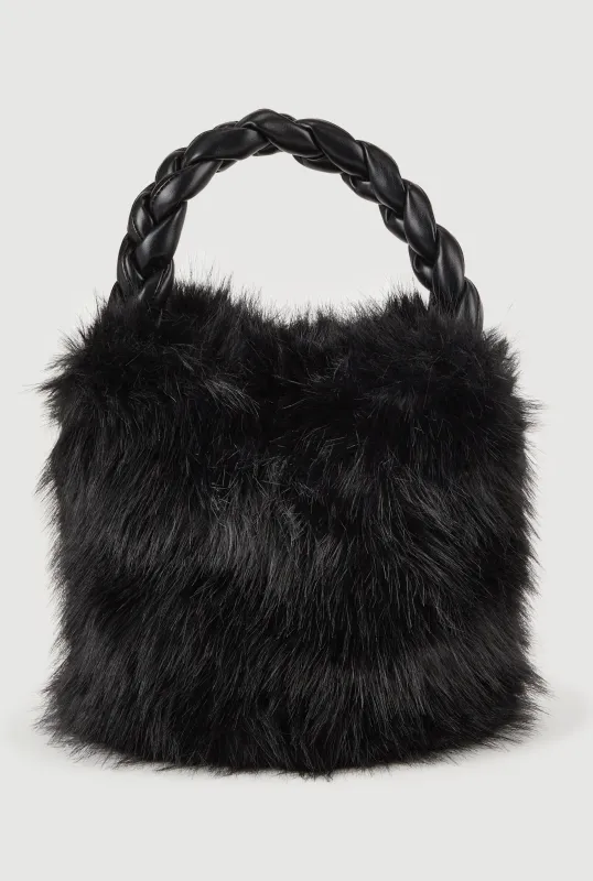 Braided Handle Faux Fur Bucket Bag sold by Rainbow