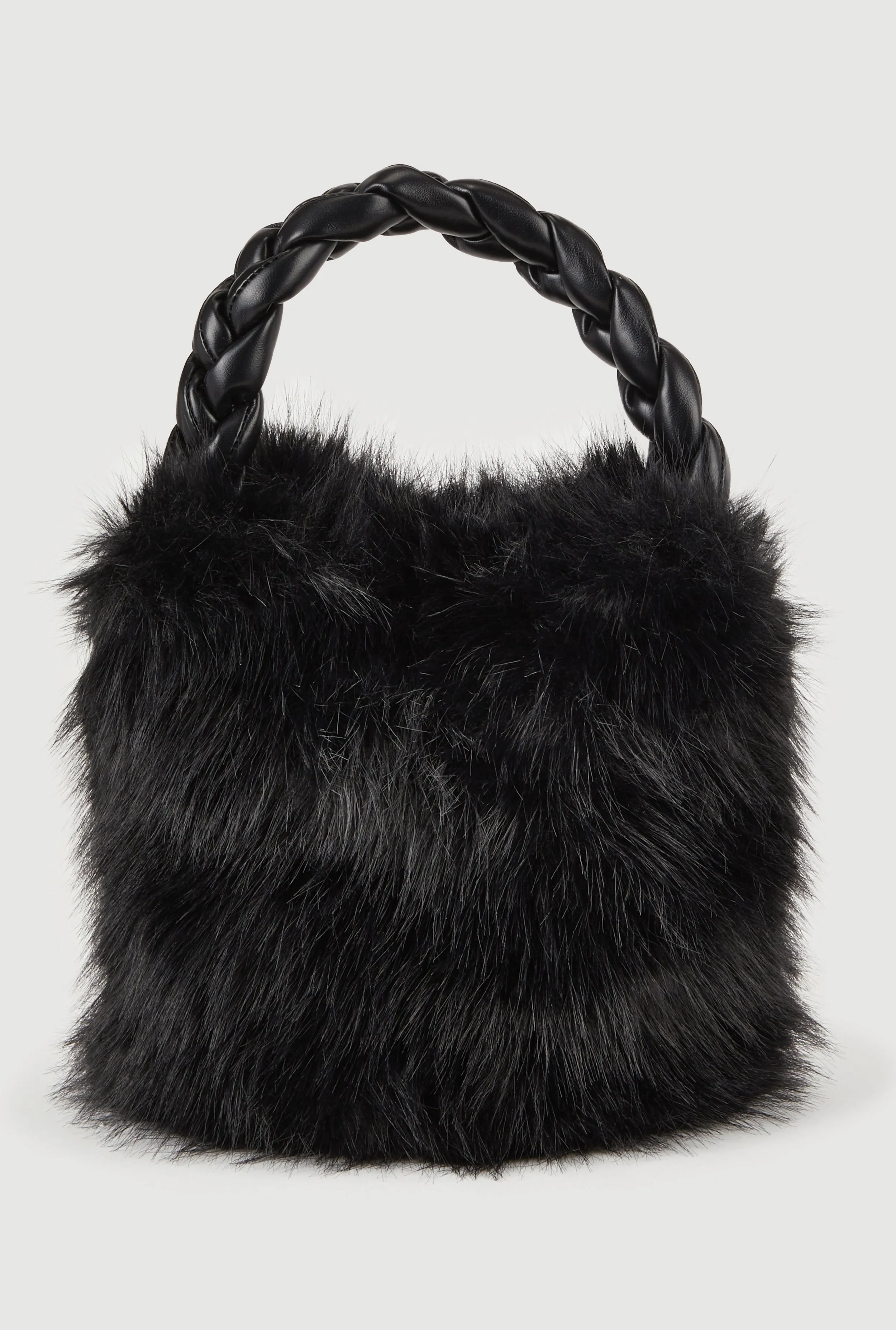 Braided Handle Faux Fur Bucket Bag sold by Rainbow