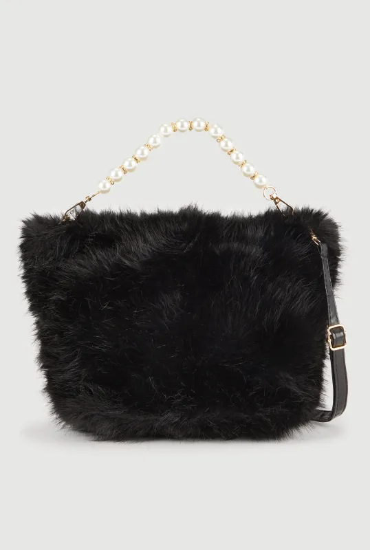Faux Pearl Rhinestone Handle Convertible Faux Fur Crossbody Bag sold by Rainbow
