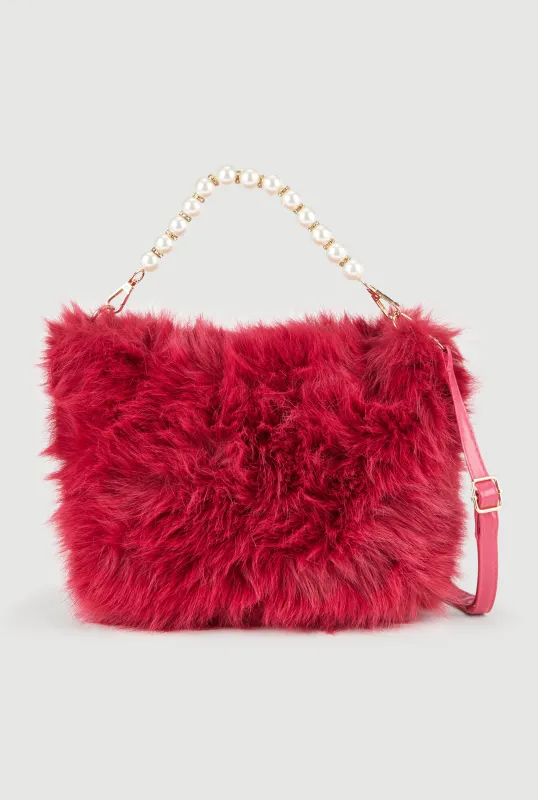 Faux Pearl Rhinestone Handle Convertible Faux Fur Crossbody Bag sold by Rainbow