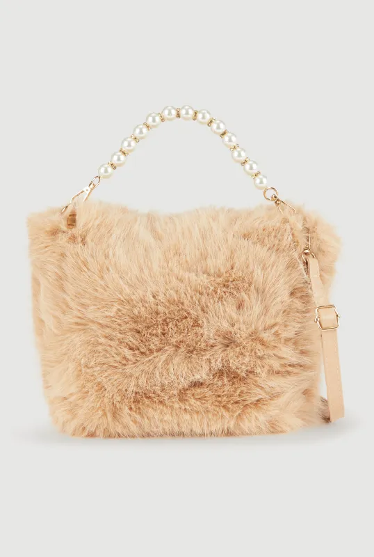Faux Pearl Rhinestone Handle Convertible Faux Fur Crossbody Bag sold by Rainbow