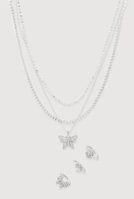 Cubic Zirconia Butterfly Layered Necklace with Rings Set sold by Rainbow