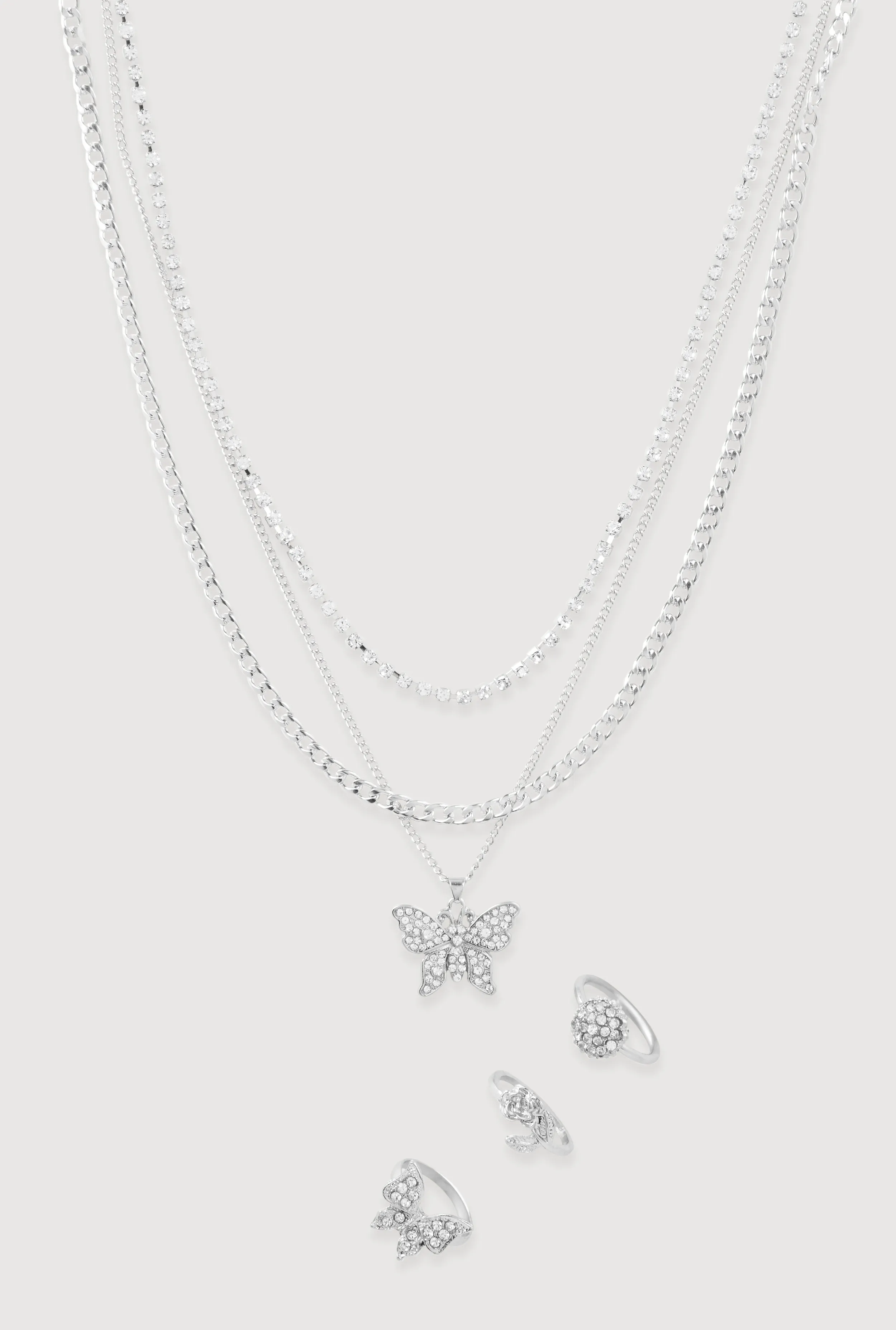 Cubic Zirconia Butterfly Layered Necklace with Rings Set sold by Rainbow