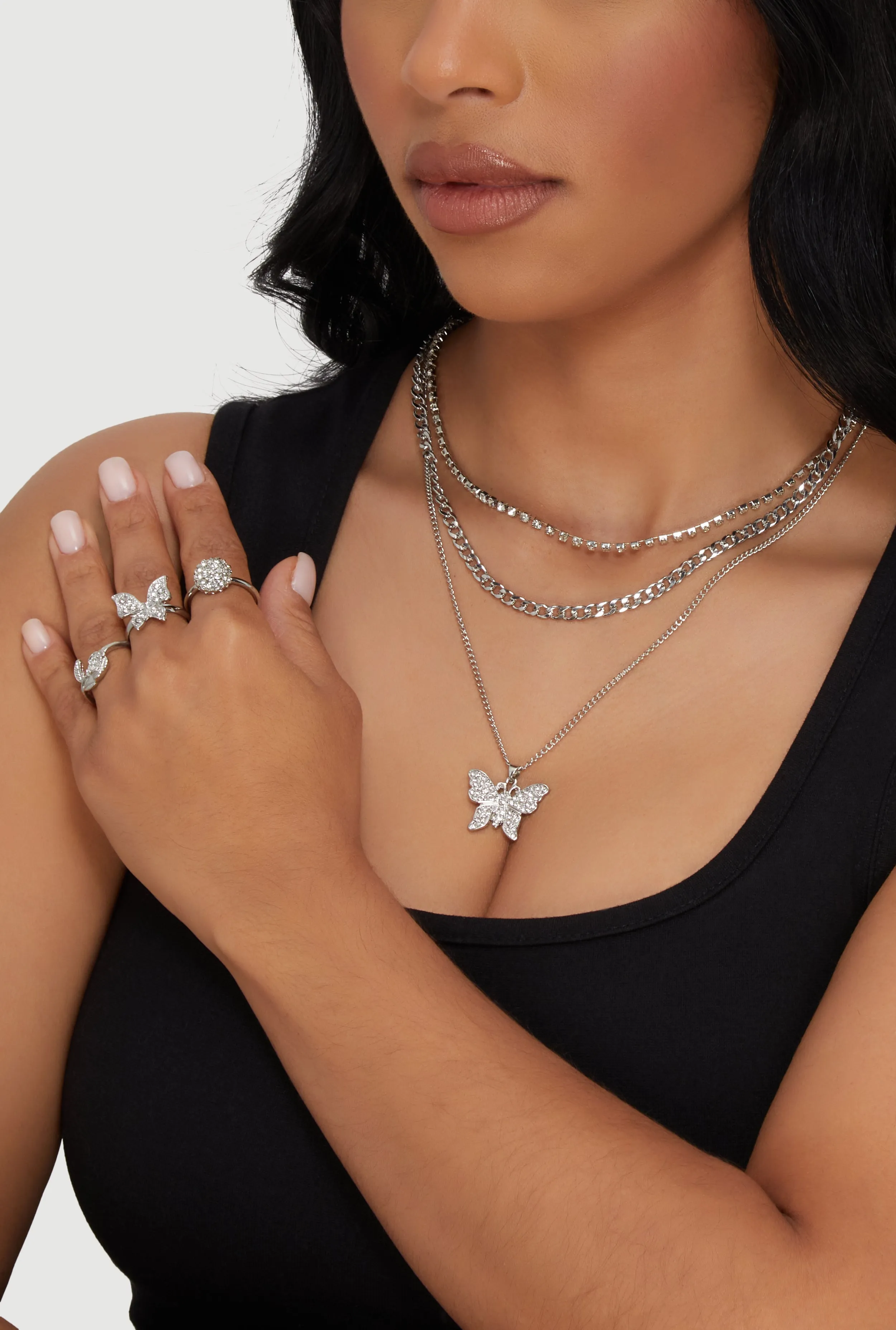 Cubic Zirconia Butterfly Layered Necklace with Rings Set sold by Rainbow product image thumbnail 2