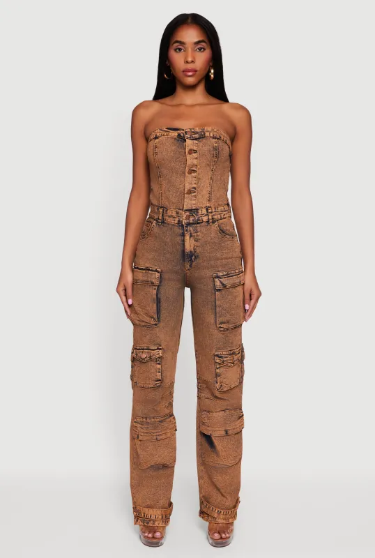 Acid Wash Strapless Button Front Utility Jumpsuit sold by Rainbow