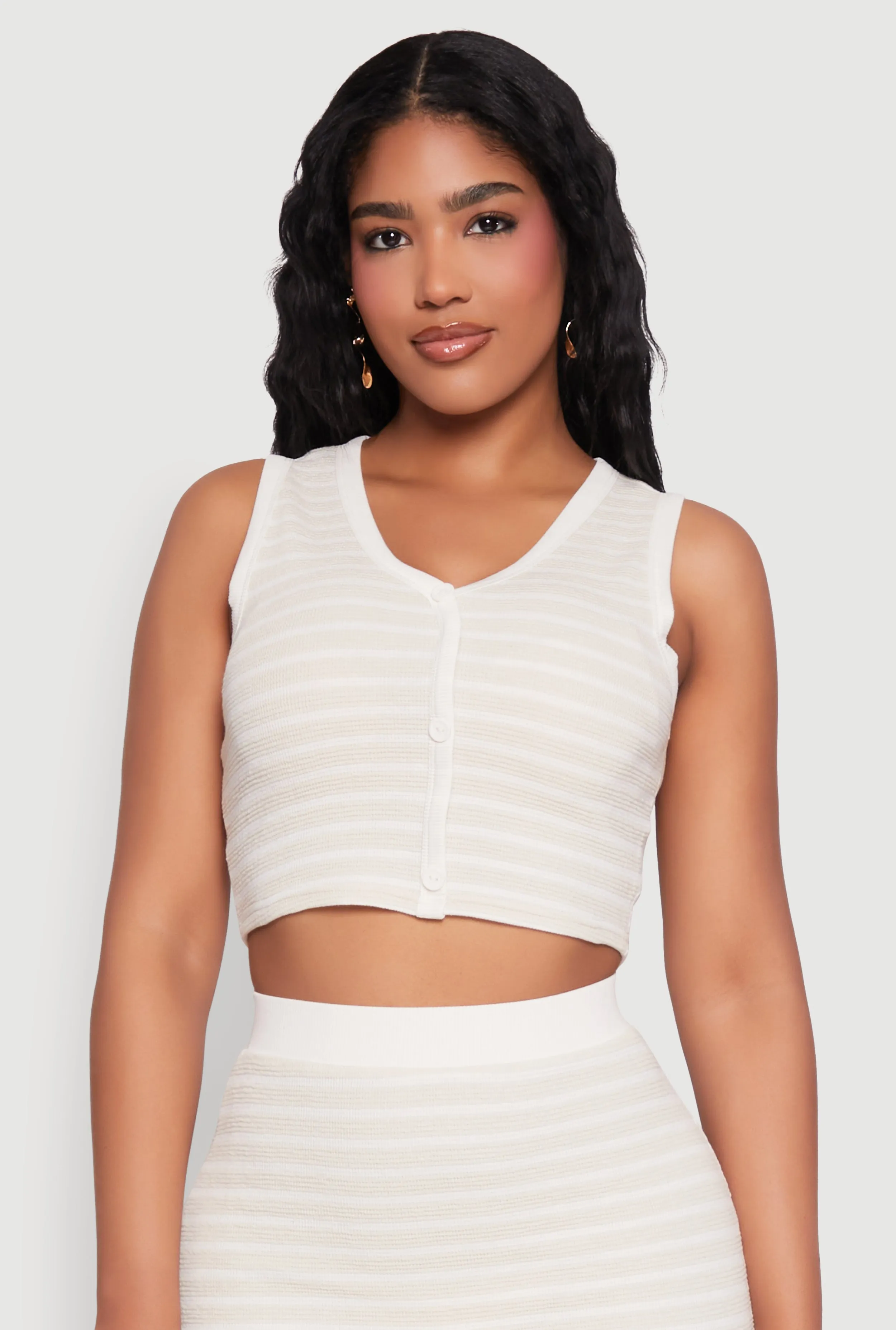 Striped V Neck Button Front Crop Top sold by Rainbow