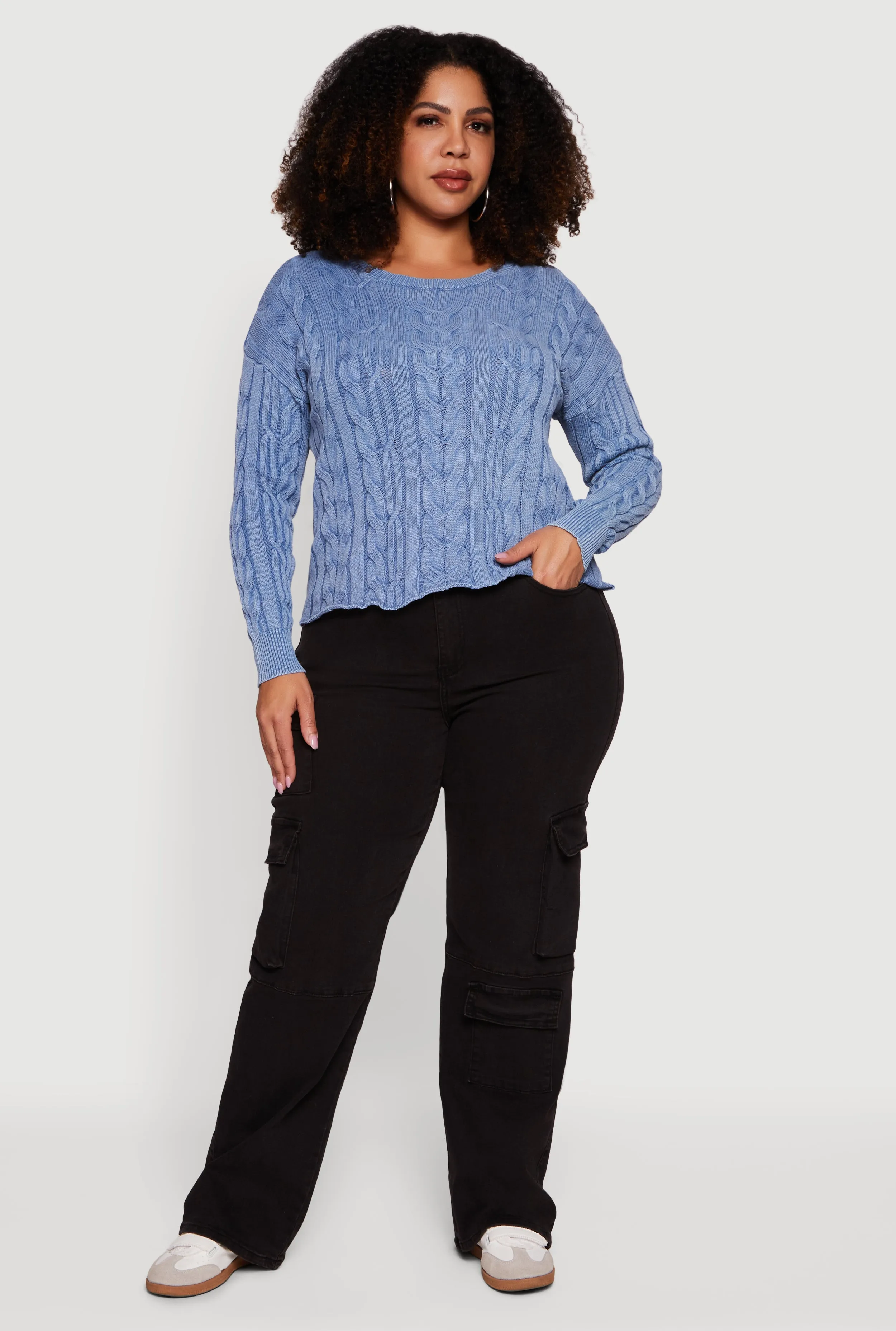 Plus Size Long Sleeve Cable Knit Crew Neck Sweater sold by Rainbow