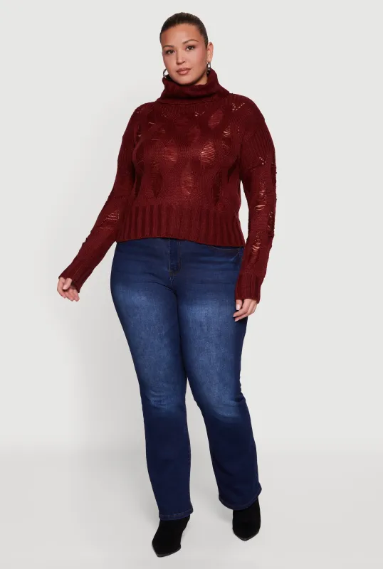Plus Size Distressed Cable Knit Turtleneck Sweater sold by Rainbow