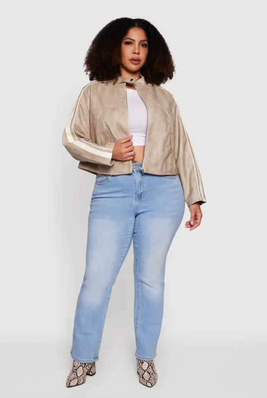 Plus Size Faux Leather Side Stripe Zip Front Moto Jacket sold by Rainbow