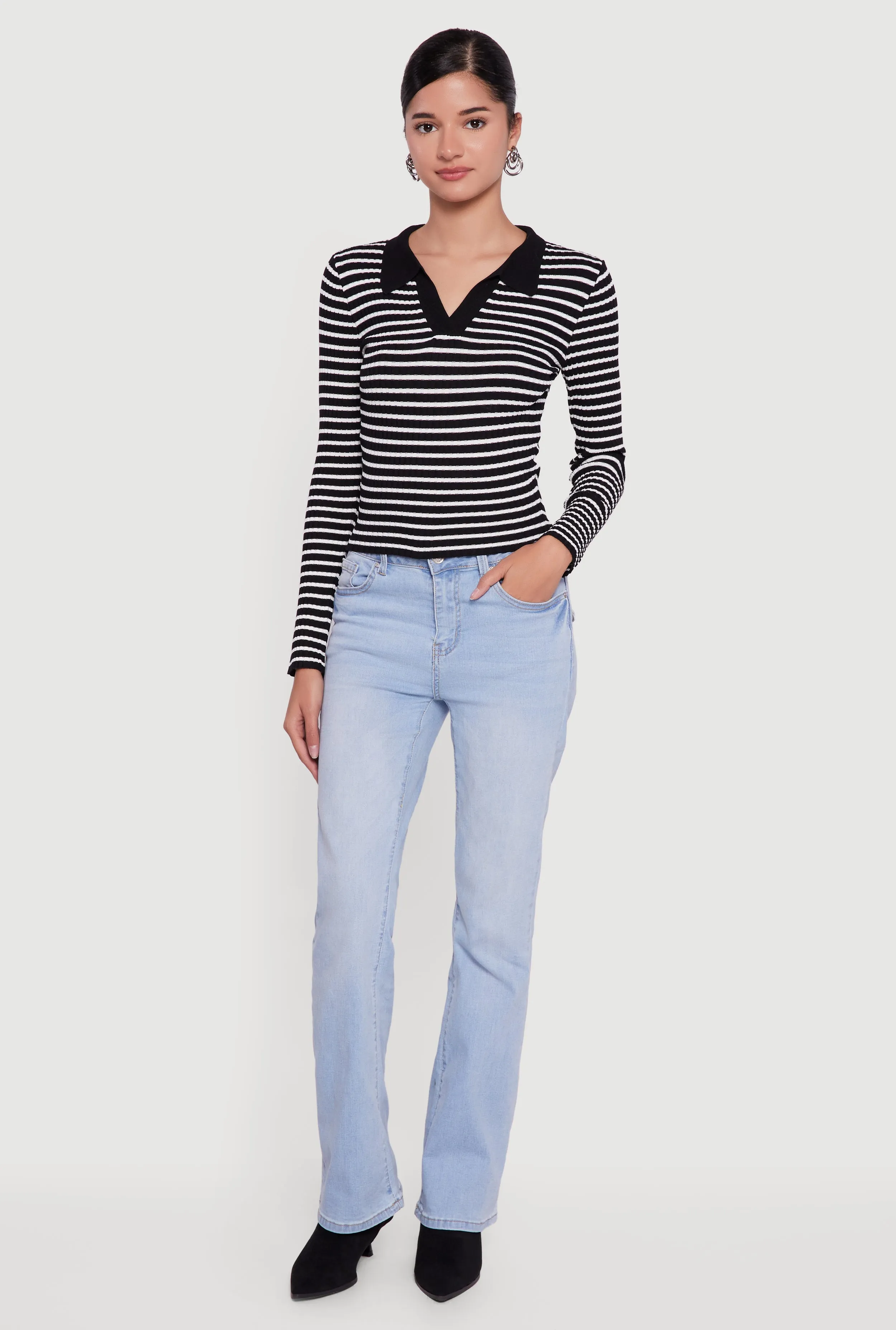 Striped Rib Knit Long Sleeve Polo Shirt sold by Rainbow