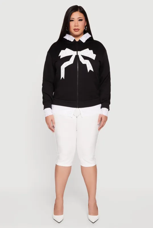 Plus Size Bow Graphic Lace Trim Hooded Sweatshirt sold by Rainbow