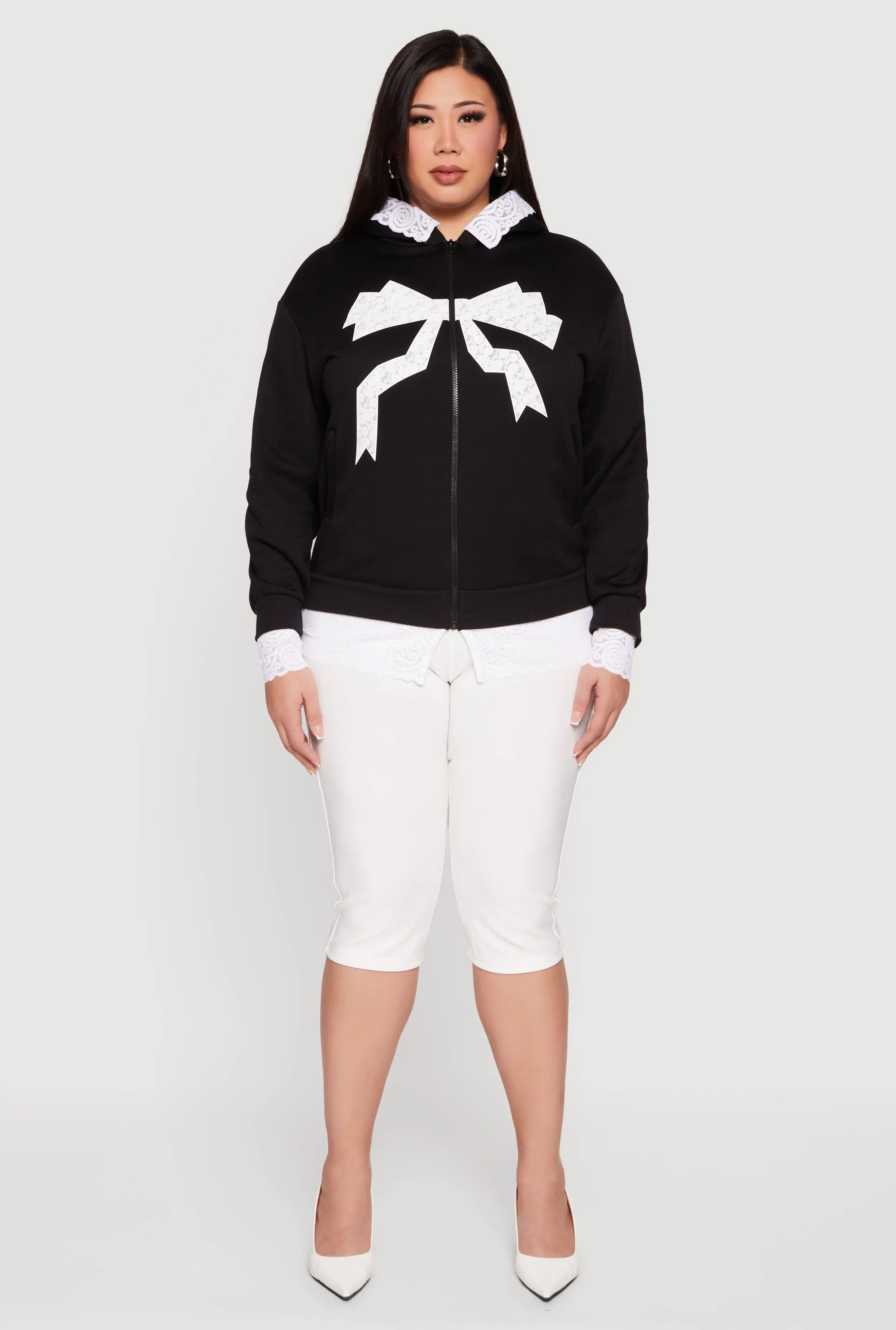 Plus Size Bow Graphic Lace Trim Hooded Sweatshirt sold by Rainbow