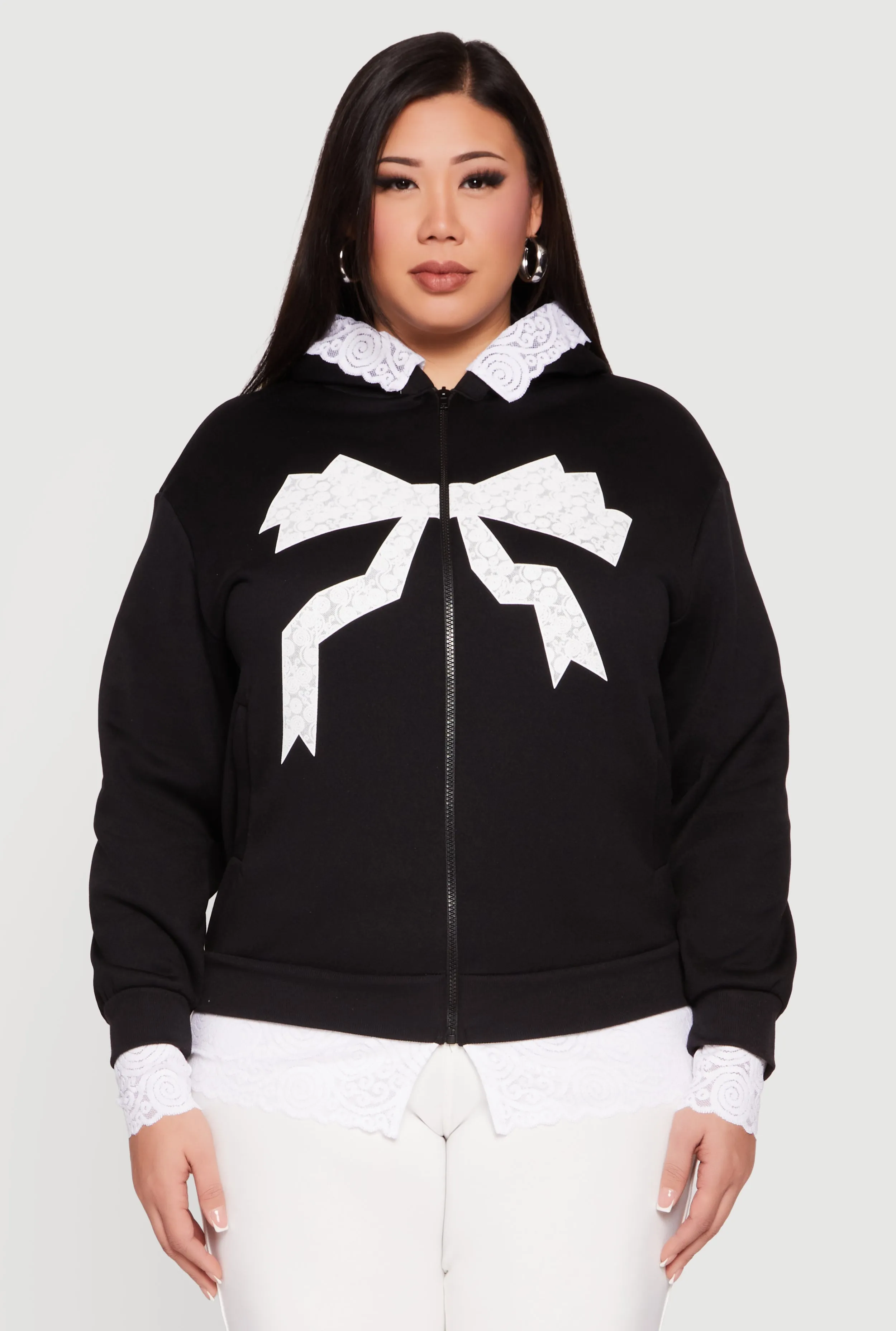 Plus Size Bow Graphic Lace Trim Hooded Sweatshirt sold by Rainbow product image thumbnail 2