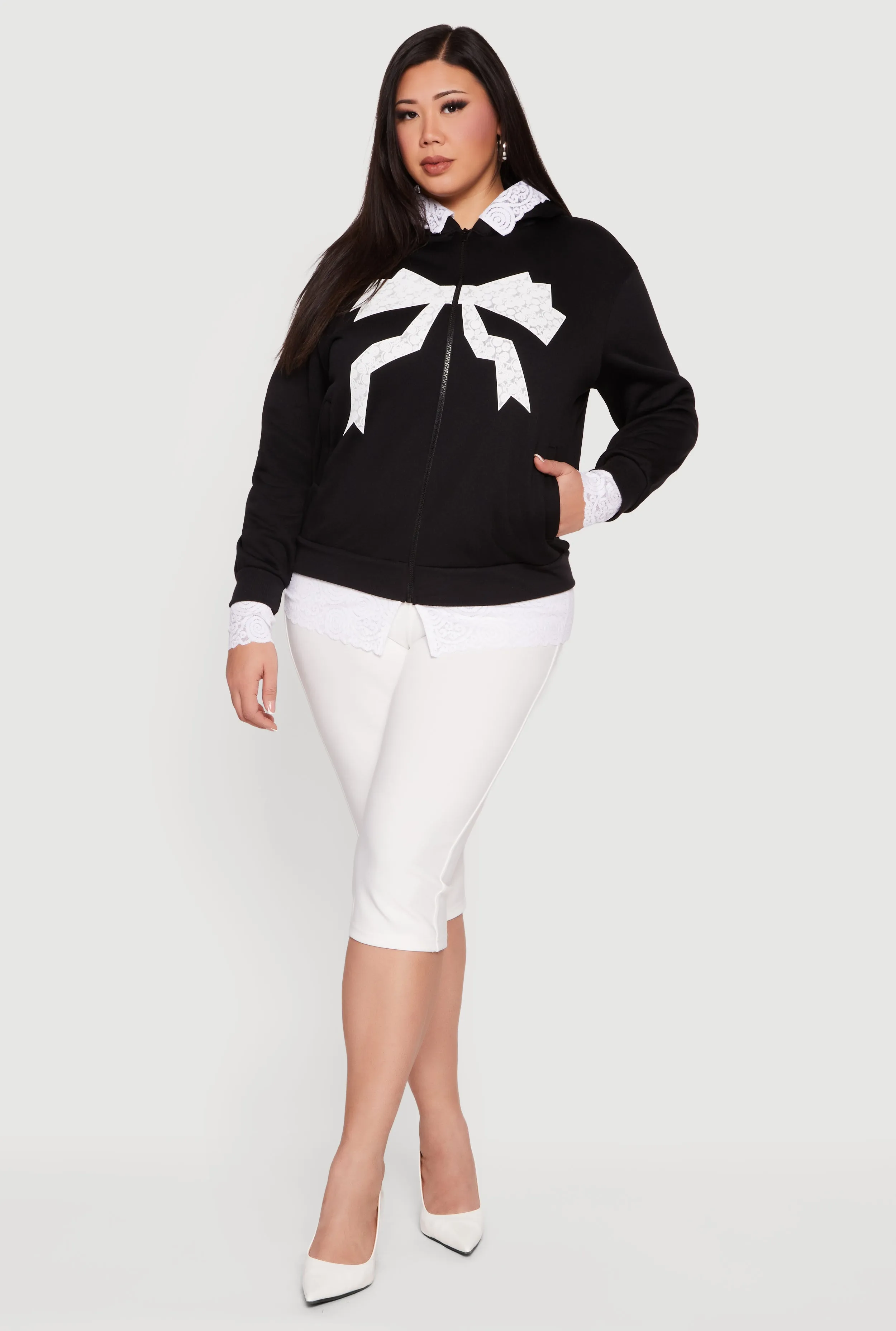 Plus Size Bow Graphic Lace Trim Hooded Sweatshirt sold by Rainbow product image thumbnail 3