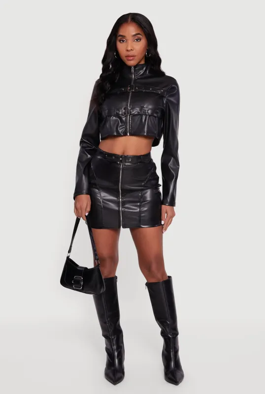 Belted Mini Faux Leather Skirt with Zip Front sold by Rainbow