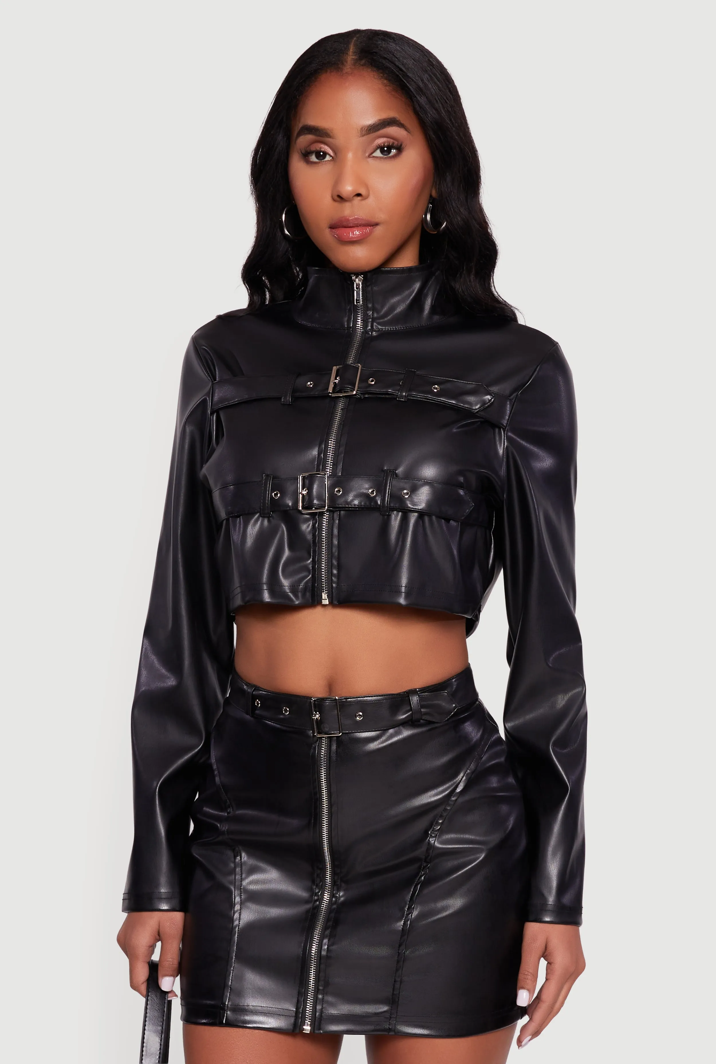 Faux Leather Cropped Moto Jacket with Buckles sold by Rainbow