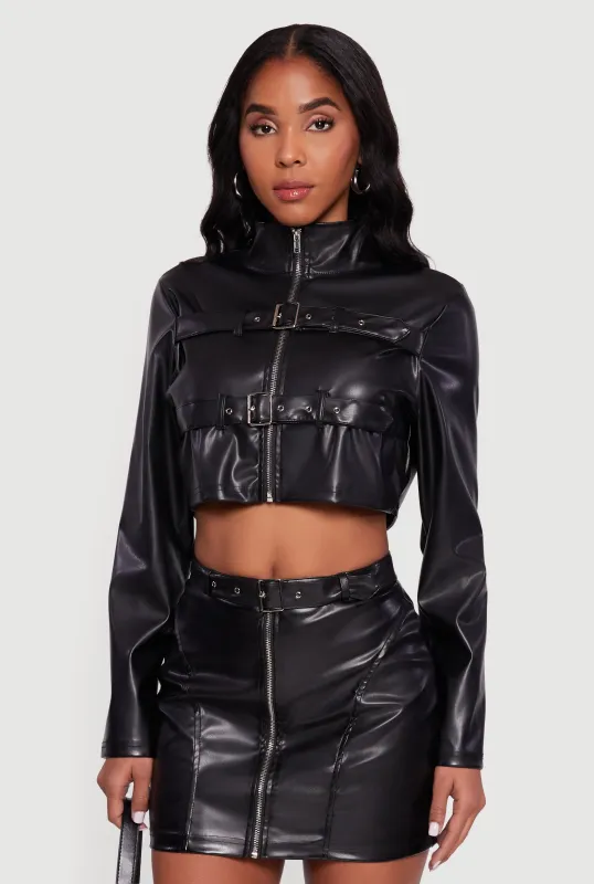 Faux Leather Cropped Moto Jacket with Buckles sold by Rainbow