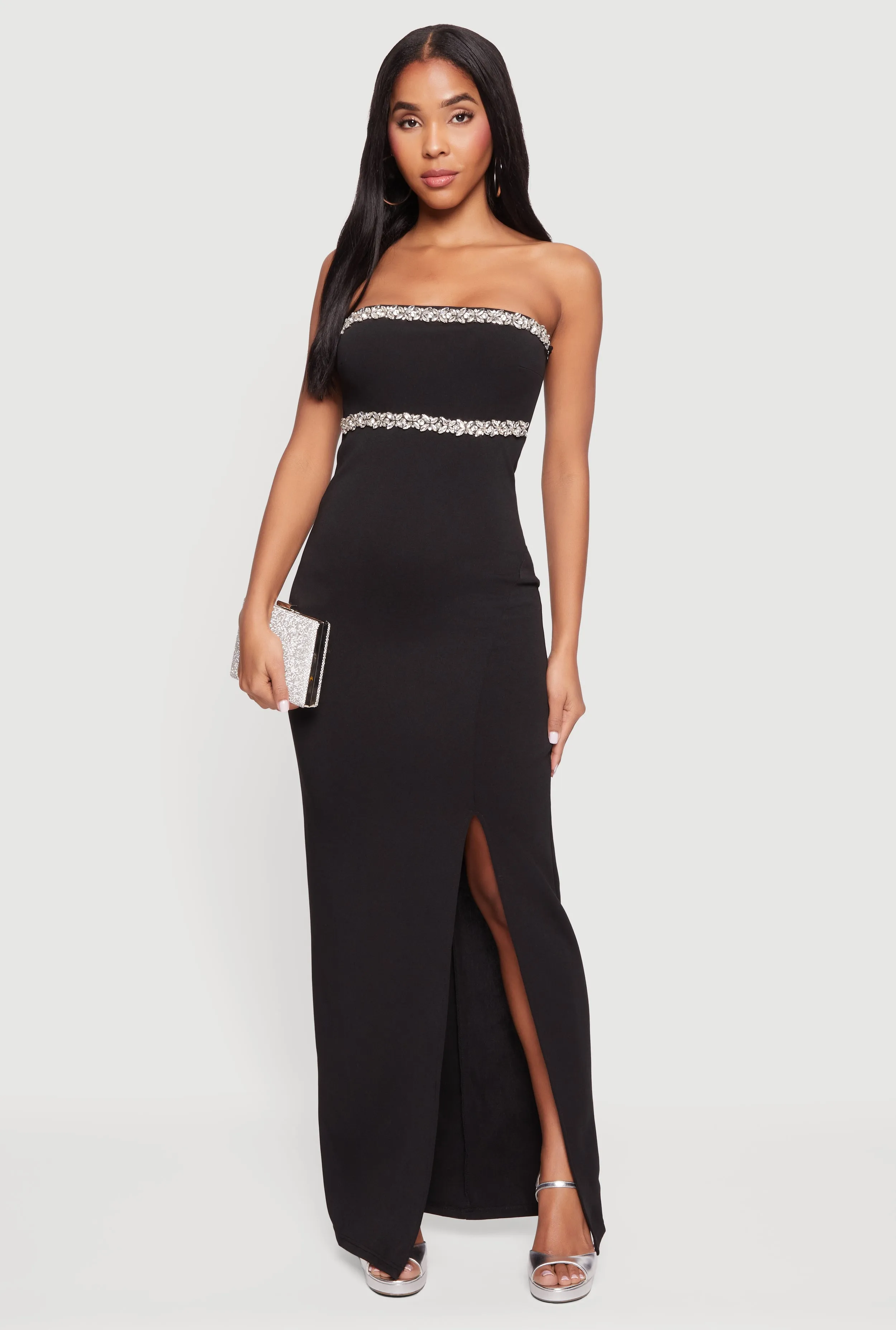 Gemstone Trim Strapless Maxi Dress with Side Slit sold by Rainbow