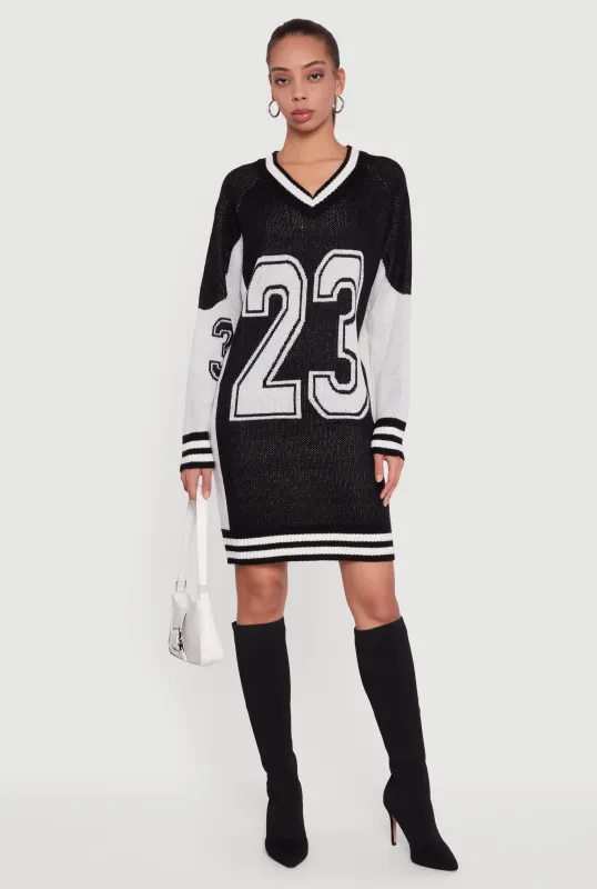 23 Graphic Long Sleeve V-Neck Sweater Dress sold by Rainbow