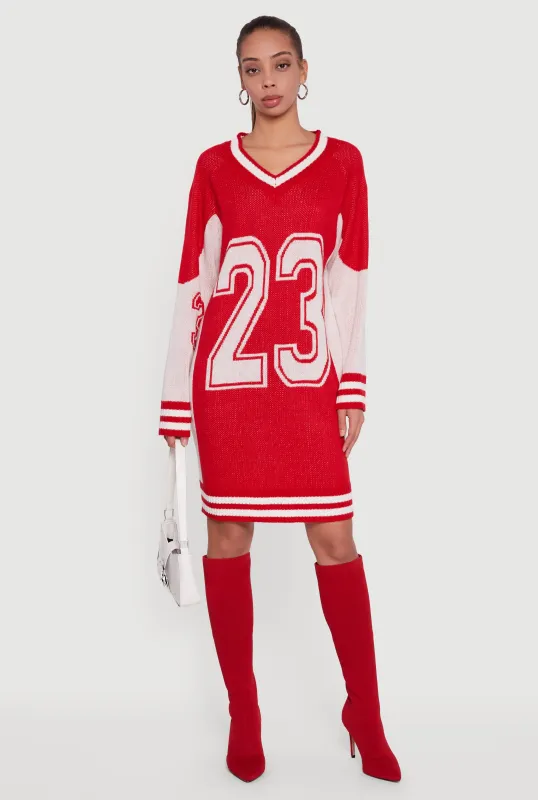 23 Graphic Long Sleeve V-Neck Sweater Dress sold by Rainbow