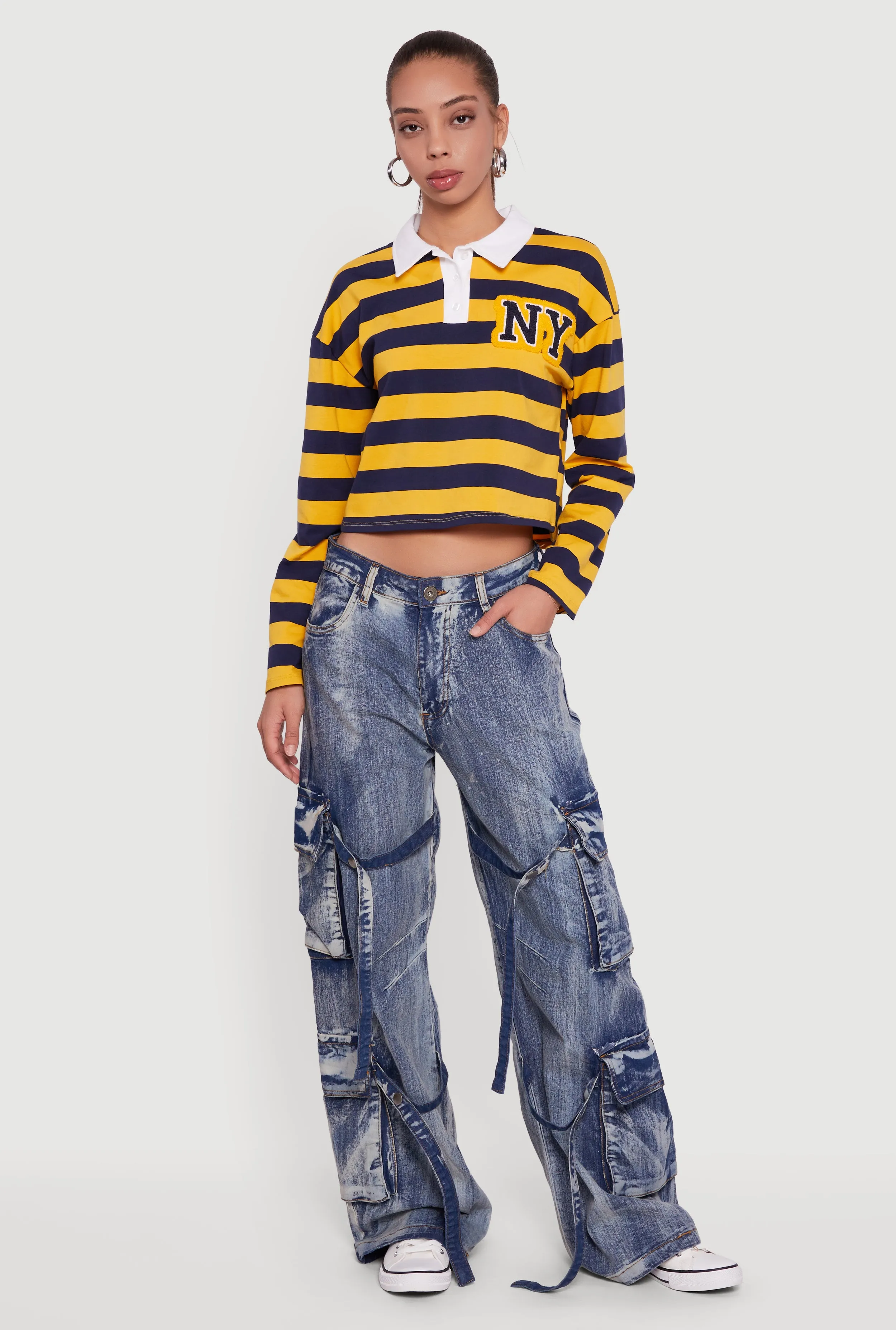 Acid Wash Wide Leg Strap Cargo Jeans sold by Rainbow