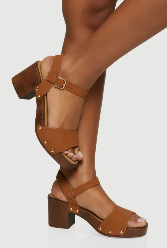 Wooden Block Heel Studded Buckle Strap Sandals sold by Rainbow